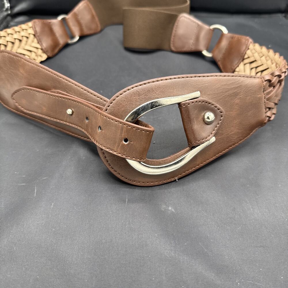 Brown Leather Half Stretch Belt W Wide Boho-style Metal Buckle One Size